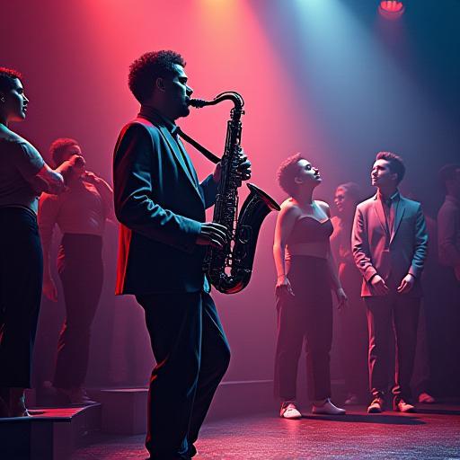 Saxofonist met dansers en visuele effecten
